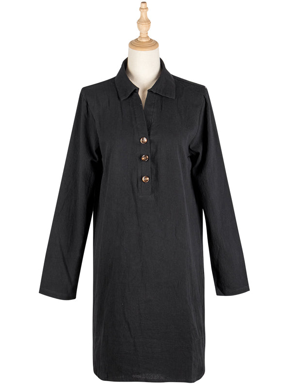 Casual Solid Color V-Neck Lapel Buttoned Half Sleeves Mini Dress