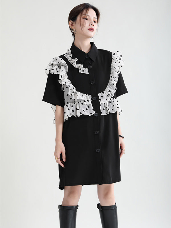 Stylish Irregular Split-Joint Polka-Dot Mesh Falbala Buttoned Lapel Collar Half Sleeves Mini Dress