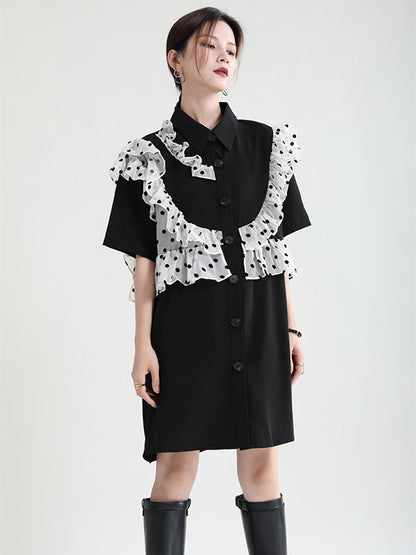 Stylish Irregular Split-Joint Polka-Dot Mesh Falbala Buttoned Lapel Collar Half Sleeves Mini Dress