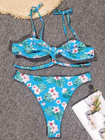 Knotted Bandeau Belted Split Bikini Swimsuit