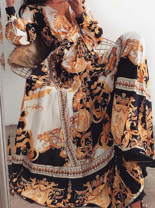 Long Sleeves V Neck Printed Maxi Dress