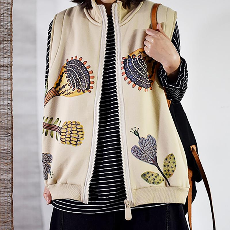 Buykud Printed Plus Velvet Autumn Winter High Neck Waistcoat