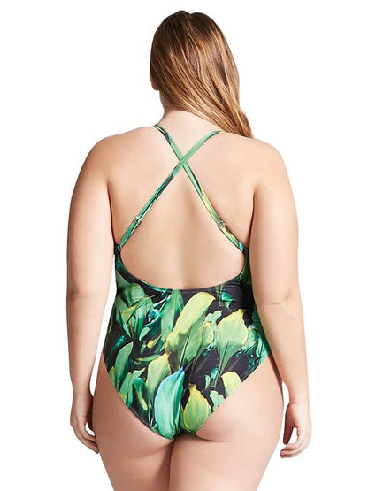 Plus Size Green Printed One-piece Swimwear