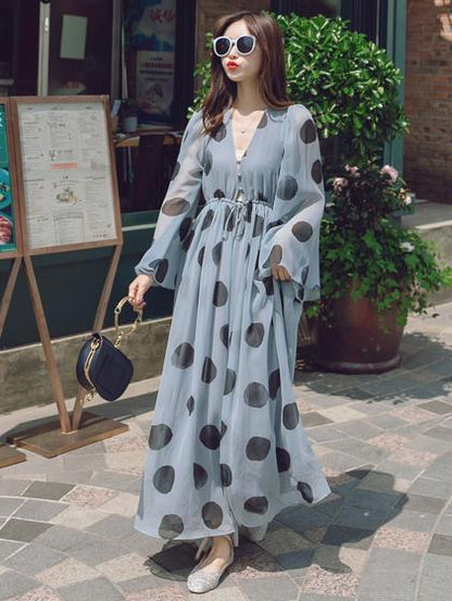 Light-blue Polka-Dot Chiffon Flared Sleeves Wide Leg Jumpsuits
