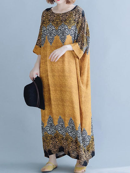 Casual Floral Printed Round-neck Maxi Dress