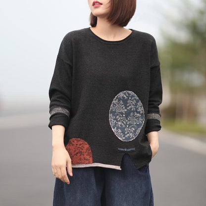 Buykud Retro Casual Pattern Printed Loose Knitted Shirt