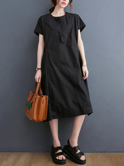 Casual Solid Color Round-Neck With Pocket Midi Dress