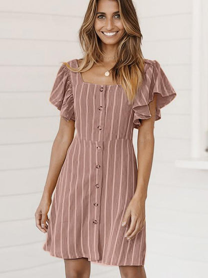 Square Collar Casual Stripped Mini Dress
