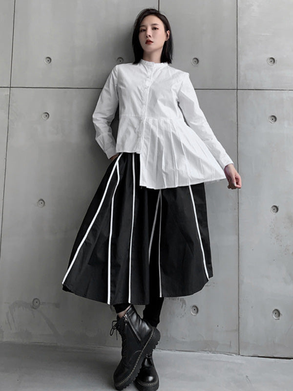 Stylish Irregular Solid Color Split-Joint Pleated Buttoned Stand Collar Long Sleeves Blouse