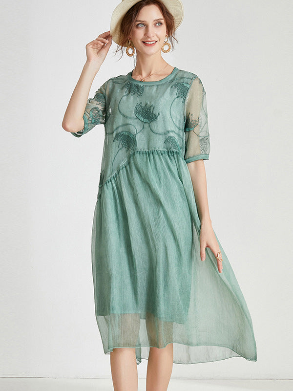 Original Artistic Retro Loose Embroidered Pleated Split-Joint Midi Dress