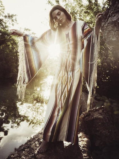 Tasseled Flared Sleeves Printed Maxi Dress