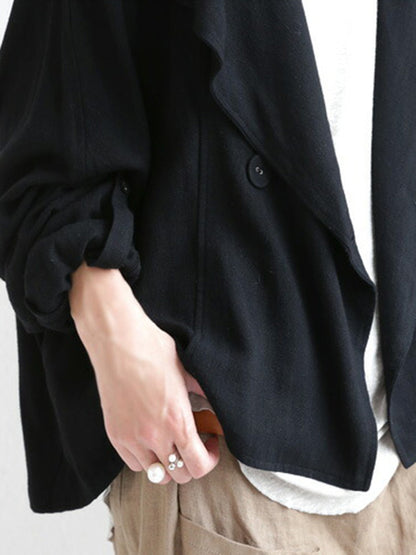 Casual Loose Solid Color Buttoned Lapel Collar Long Sleeves Outwear