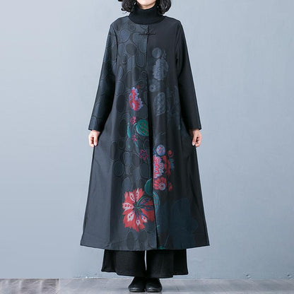 Buykud Floral Print O-Neck Casual Elegant Trench Coat