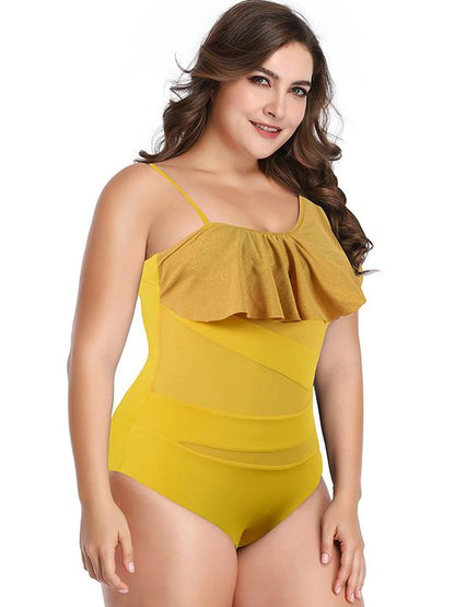 Tulle Hollow Plain Falbala Plus Size Swimwear