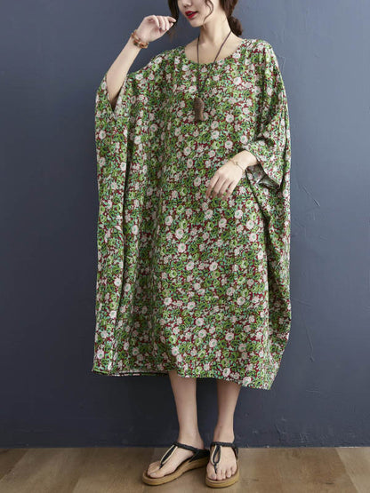 Vintage Loose Floral Printed Round-Neck Batwing Sleeves Midi Dress