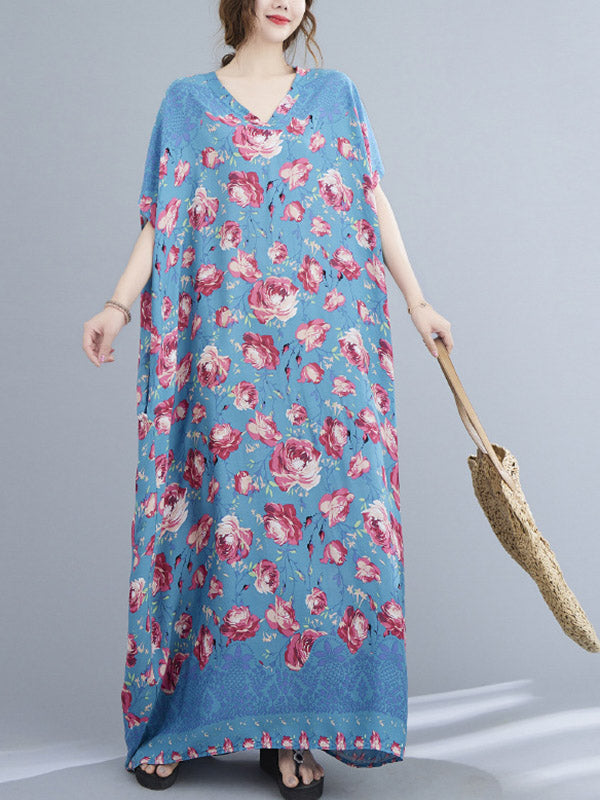 Loose Floral Printed V-Neck Short Sleeves Maxi Dress