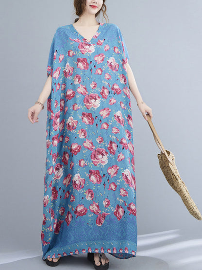 Loose Floral Printed V-Neck Short Sleeves Maxi Dress
