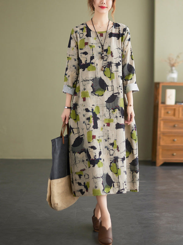 Artistic Retro Ramie Cotton Printed Round-Neck Long Sleeves Loose Midi Dress