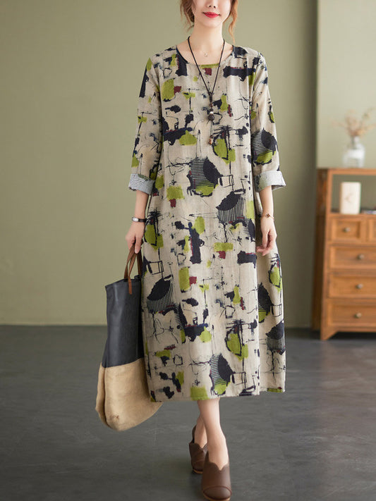 Artistic Retro Ramie Cotton Printed Round-Neck Long Sleeves Loose Midi Dress