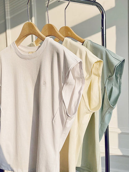 Simple Solid Color Round-Neck Cap-Sleeve Vest T-Shirt Tops