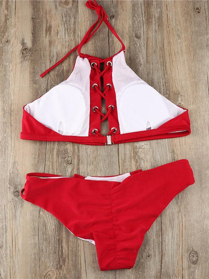 Red Plain Lace-up Bikinis Swimwear