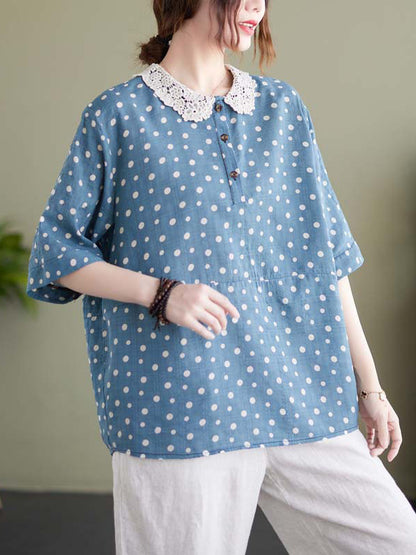 Artistic Retro Loose Polka-Dot Hollow Lace Peter Pan Collar Blouse