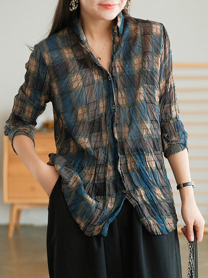 Vintage Printed Buttoned Pleated Lapel Long Sleeves Blouse Tops