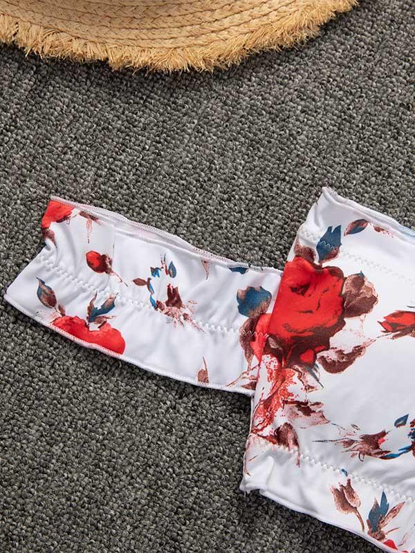 Printed Strapless Short Sleeves Split Bikini Swimsuit