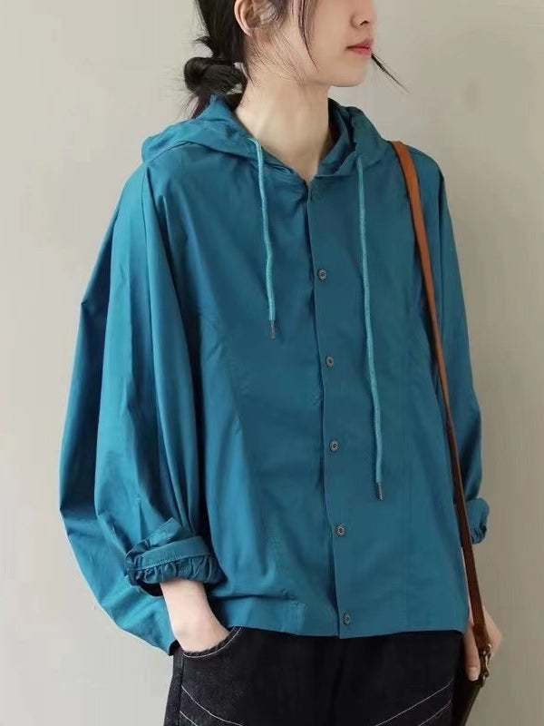 Casual Buttoned Drawstring Solid Color Batwing Sleeve Outerwear