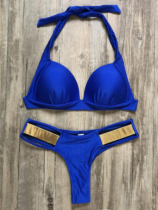 Solid Color Split-Joint Triangles Split Bikini Swimsuit