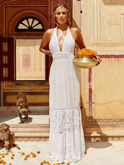 Deep V-neck Backless Lacy Split-joint Maxi Dress