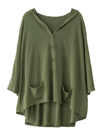 Casual Batwing Sleeve Hooded High-Low V-Neck Buttoned Cardigans
