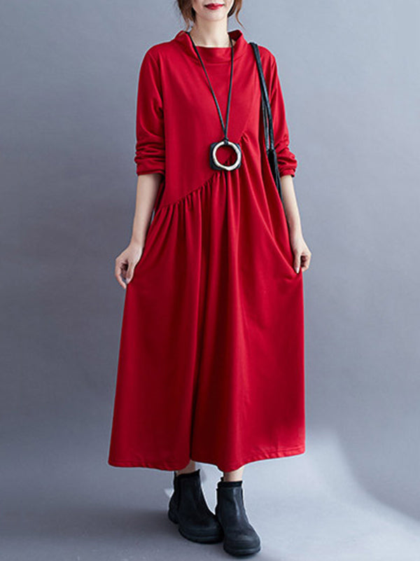 Simple Solid Color Asymmetric Split-Joint Long Sleeve Midi Dress