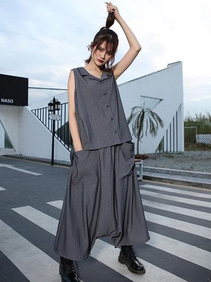 LOOSE HIGH-LOW LAPEL SLEEVELESS VEST&HAREM PANTS SUITS