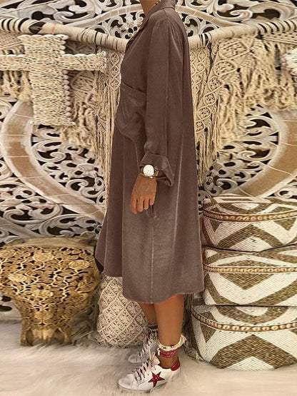 Loose V-neck Pocket Long Sleeves Midi Dress