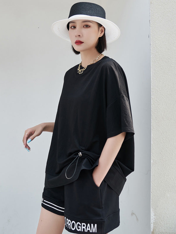 Stylish Black Asymmetric Drawstring Pleated Round-Neck Short Sleeves T-Shirts