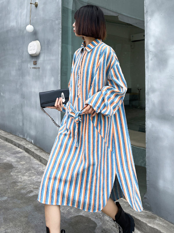 Original Stylish Striped Contrast Color Tied Buttoned Split-Side Lapel Collar Long Sleeves Midi Shirt Dress