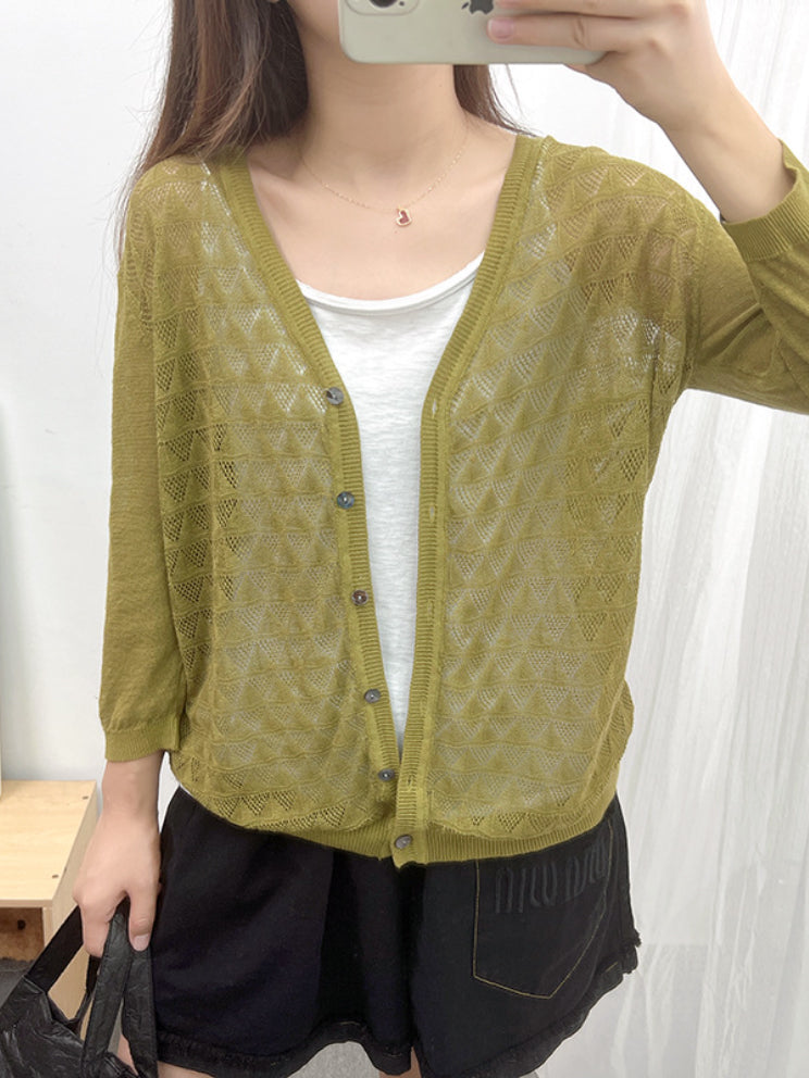 Loose Solid Color Linen Hollow Knitting Cardigan Top