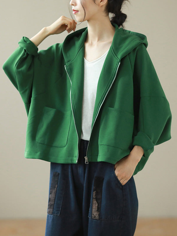 Casual Loose Solid Color Hooded Split-Joint Zipper Outerwear