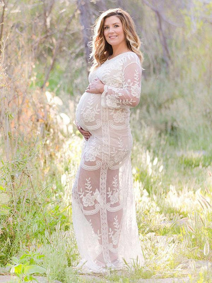 Maternity Hollow Lace Long Sleeve Maxi Dress