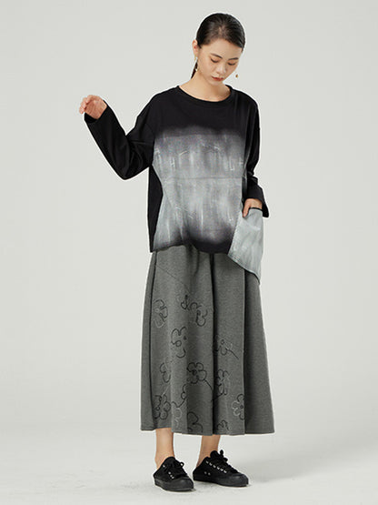Original Asymmetric Split-Joint Gradient Round-Neck Long Sleeves T-Shirt Tops