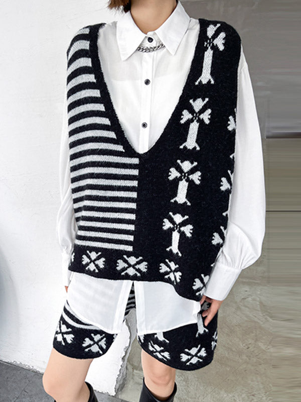 Fashion Printed Knitting  Vest & Shorts Separately 2 Pieces Set