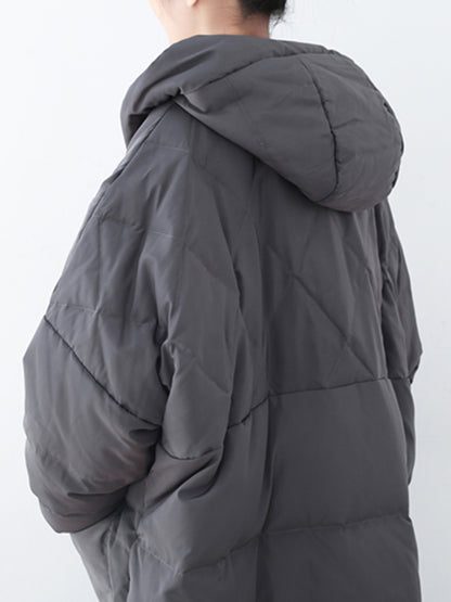 Simple White Duck Down Over Knee Solid Color Zipper Hooded Down Wear Coat