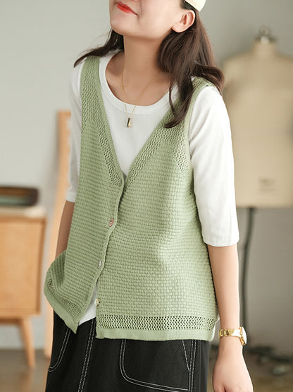 Simple Solid Color Buttoned V-Neck Hollow Vest Tops