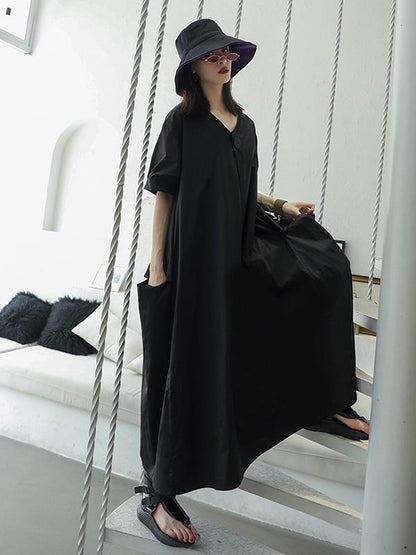 Vintage Loose Oversize V-neck Solid Dress