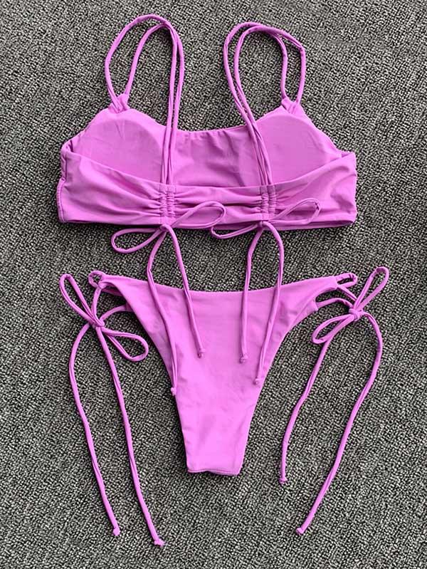 Solid Color Lace-Up Bikini Swimsuit