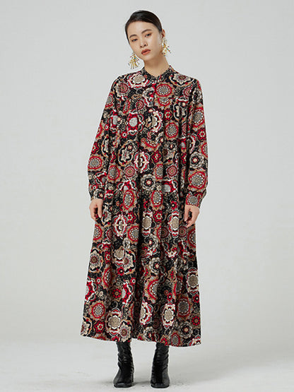 National Floral Printed Buttoned Pleated Stand Collar Long Sleeves Midi Dress