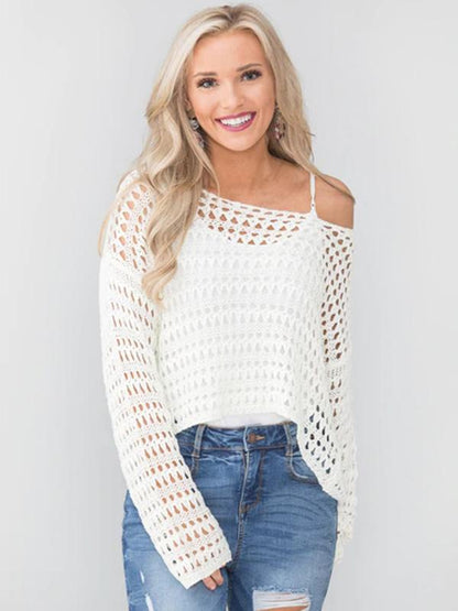 White Long Sleeve Hollow Blouses&Shirts Tops