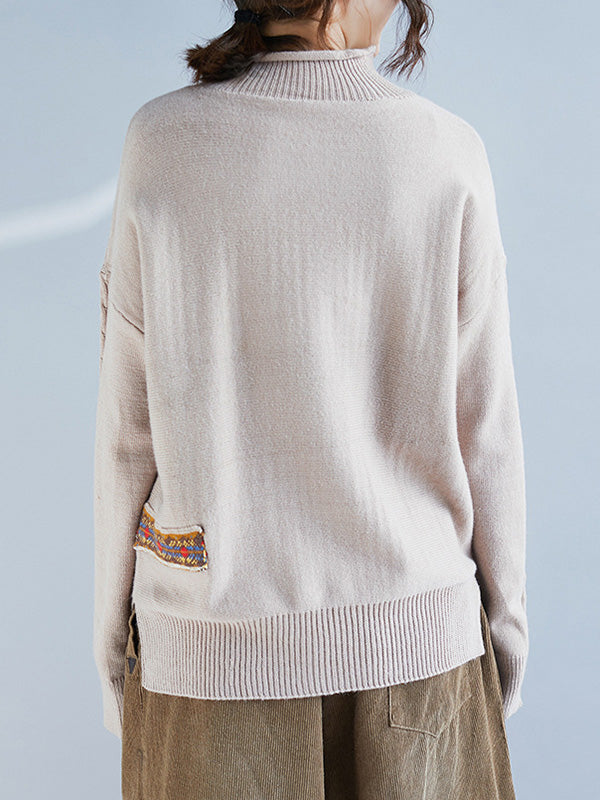 Casual Split-Side High-Neck Long Sleeves Sweater Tops