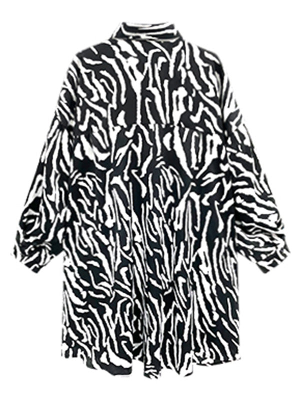 Stylish Printed Buttoned Batwing Sleeve Lapel Blouse Tops